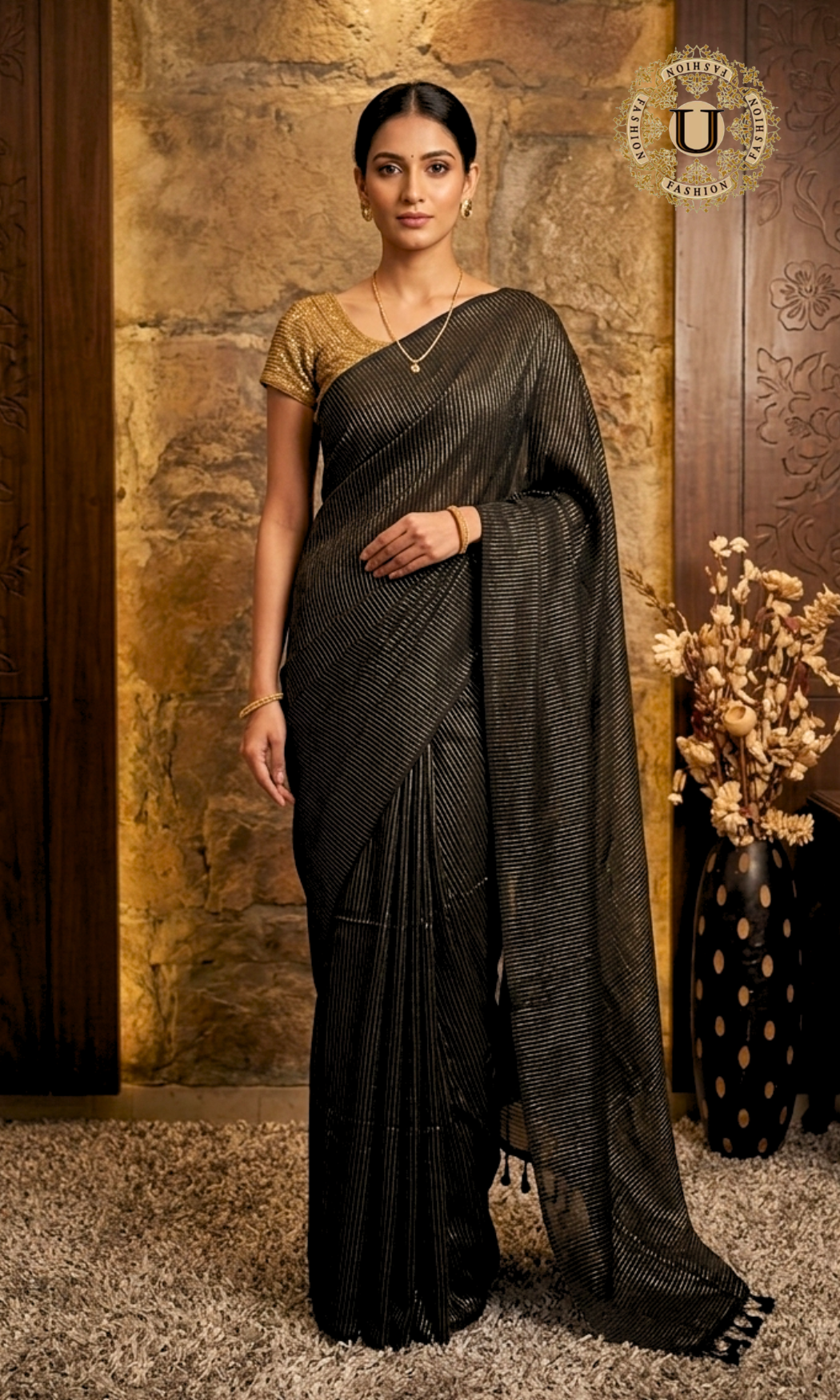 Black with Gold Zari Stripes Mul Cotton Saree