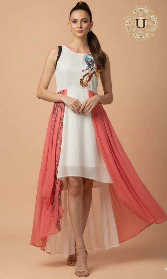 Peach and White Crepe Indo Westren Dress