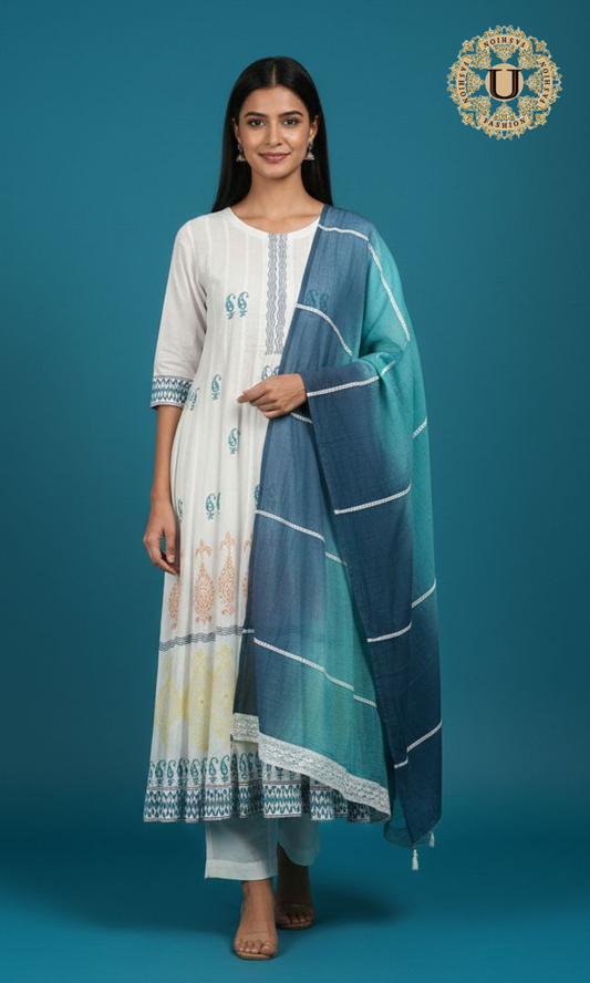 White Cotton Printed Anarkalai Suit