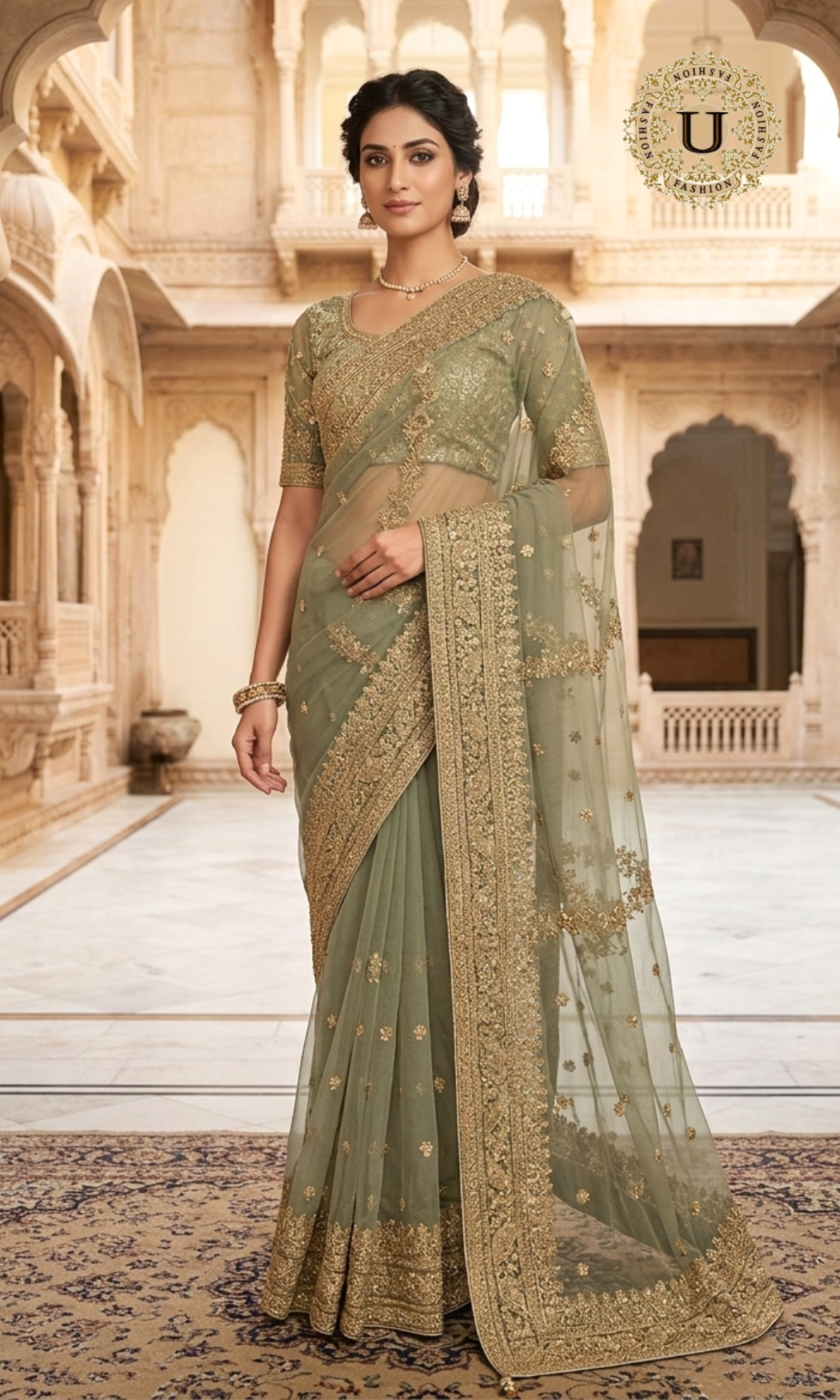 Gray Embroidered Partywear Net Saree with Running Blouse Piece
