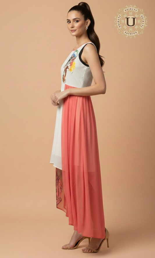 Peach and White Crepe Indo Westren Dress
