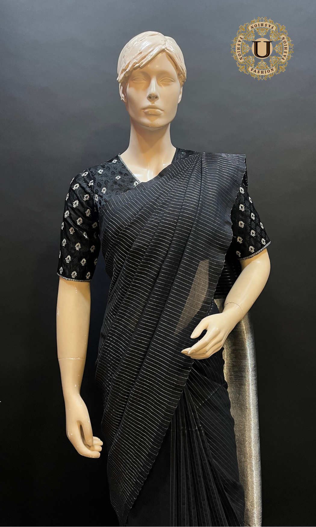 Black with Silver stripes Mul Cotton Saree