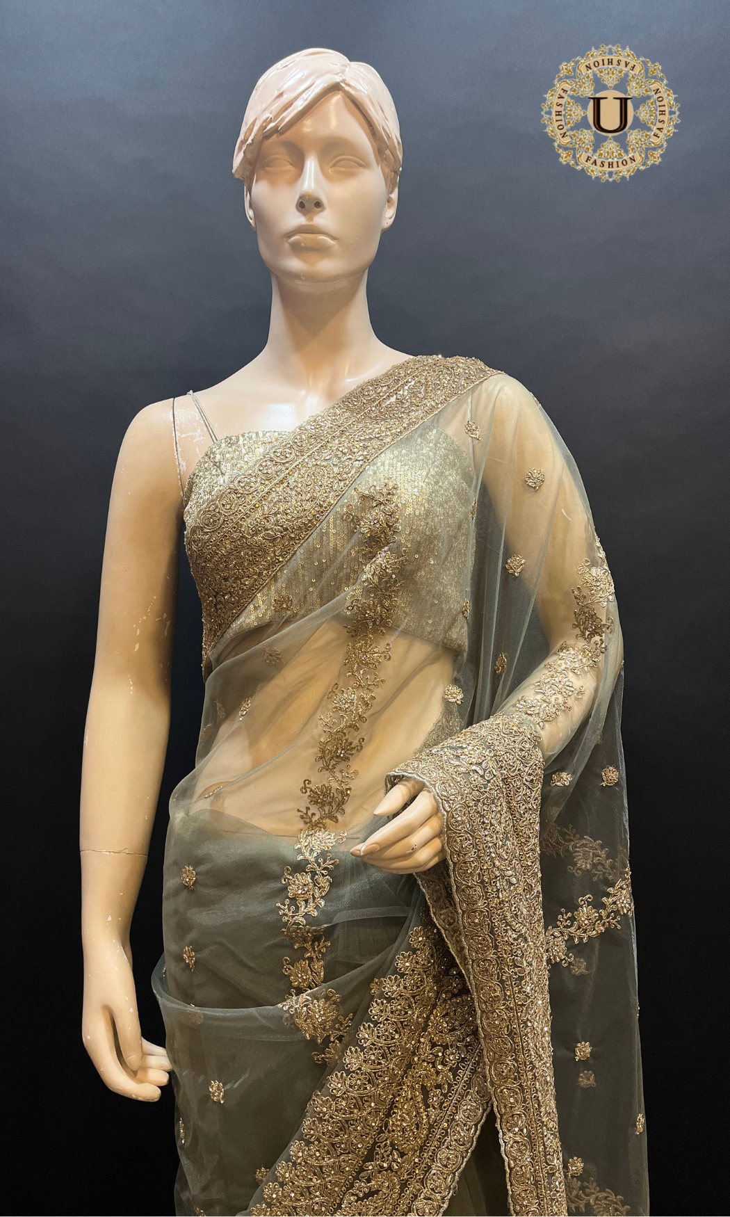 Gray Embroidered Partywear Net Saree with Running Blouse Piece