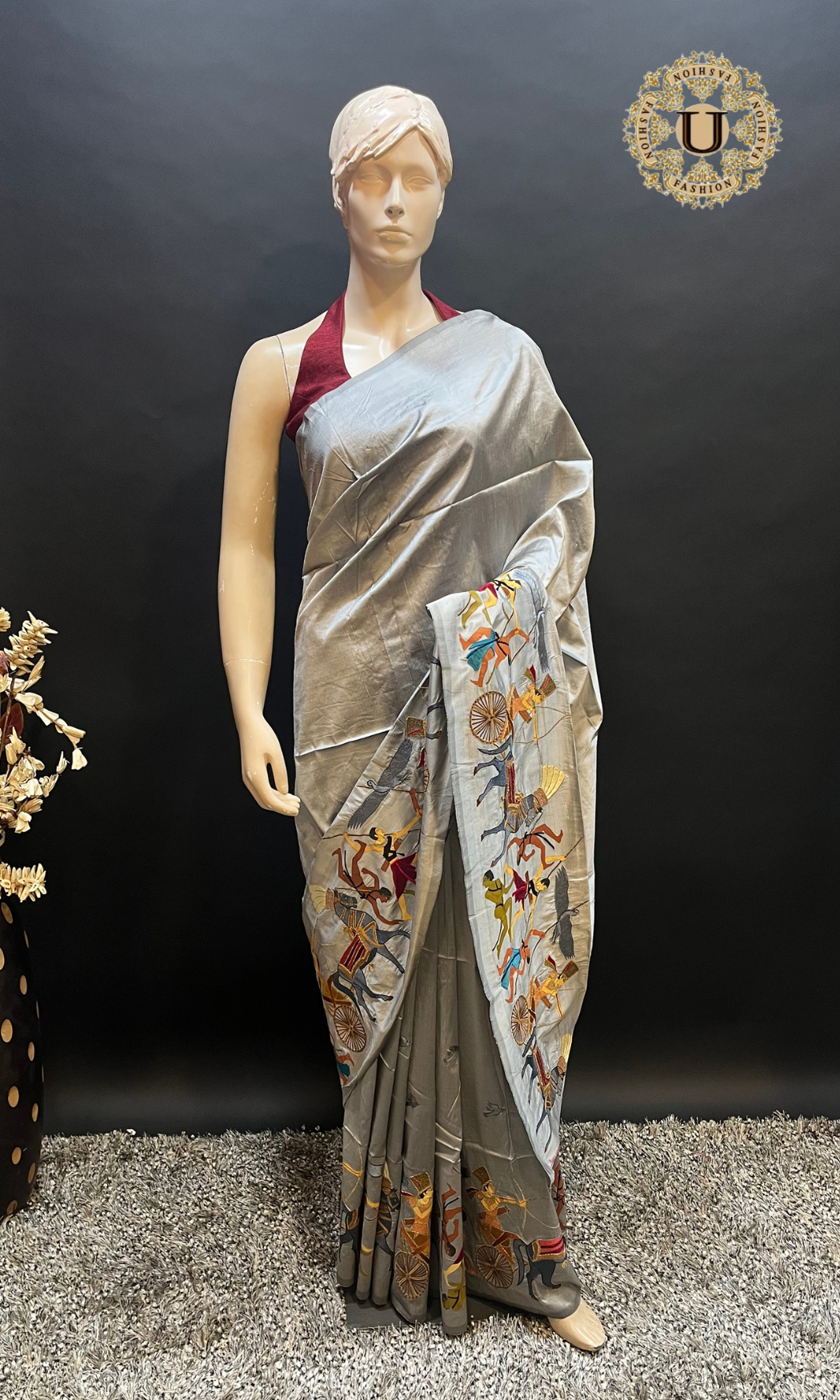 Gray Egyptian Art Embroidered Silk Saree