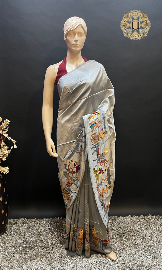 Gray Egyptian Art Embroidered Silk Saree