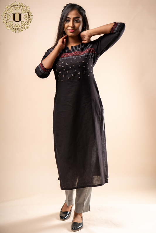 Black Cotton Embroidered Long Kurti