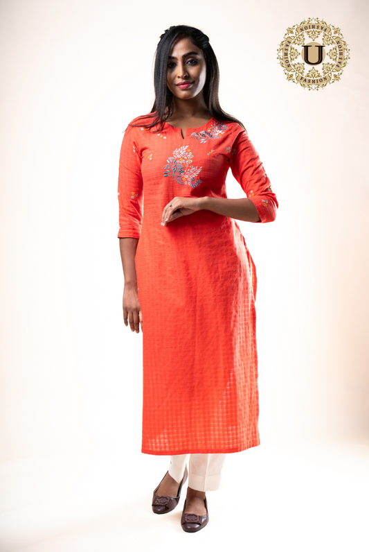 Orange Cotton Embroidered Long Kurti