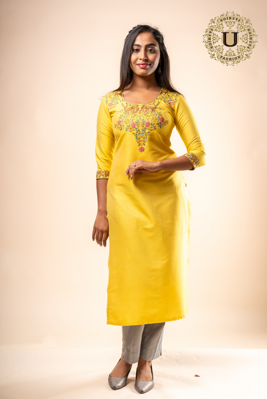 Yellow Silk cotton Embroidered Long Kurti