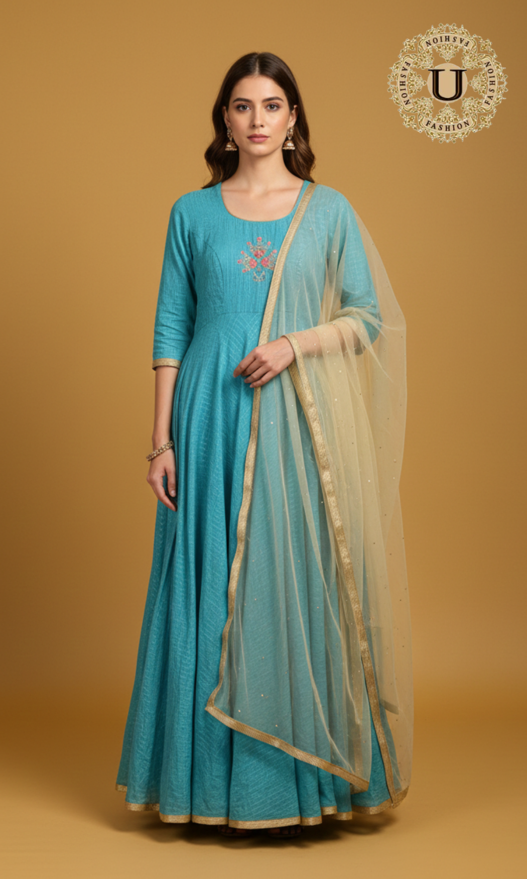 Aqua Blue Embroidered Ethnic Gown
