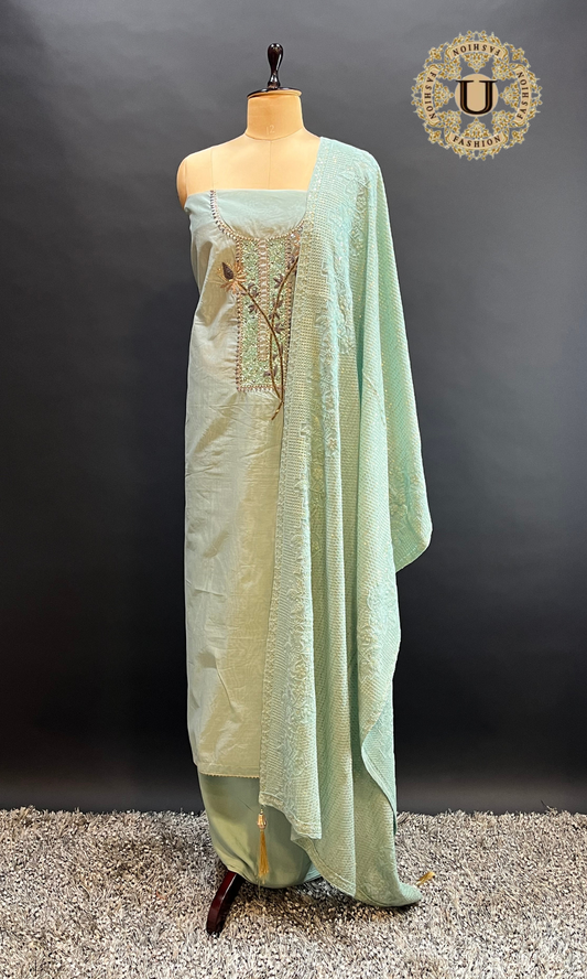 Light Pista Green Hand Embroidered Un-Stiched Suit