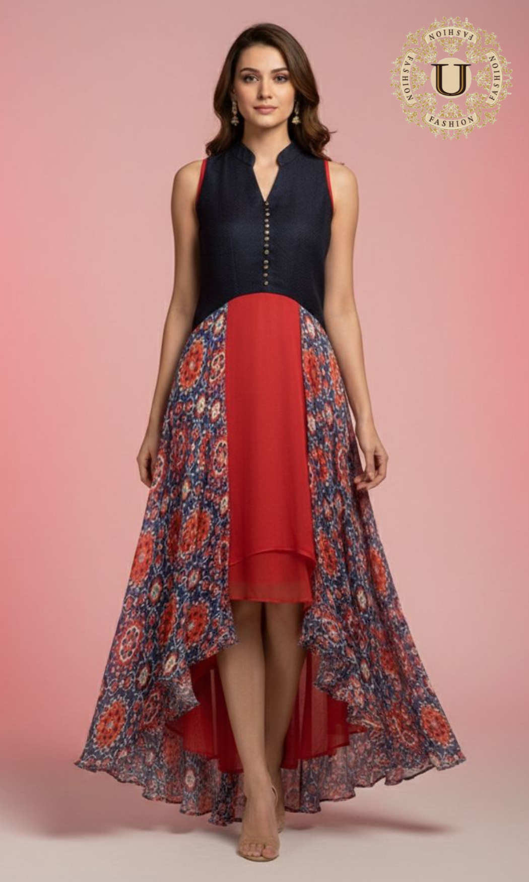 Blue and Red Crape Indo Western Long Dress