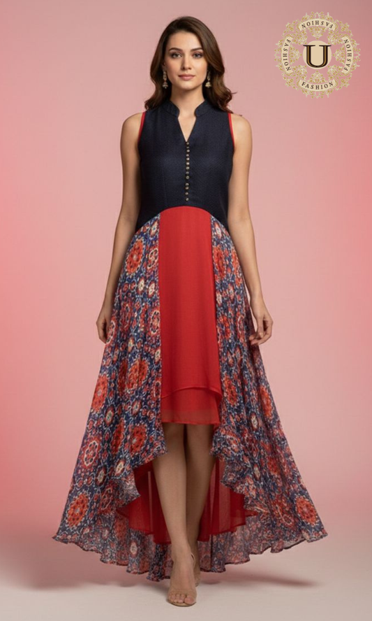 Blue and Red Crape Indo Western Long Dress
