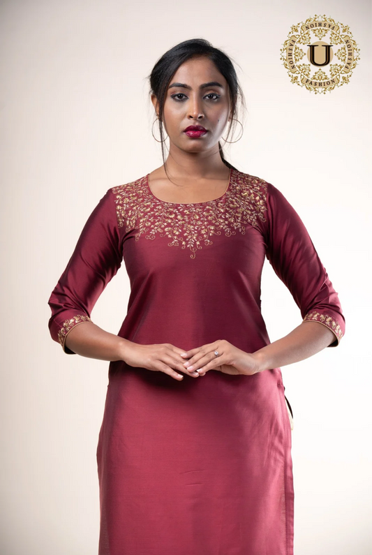 Wine Color Silk Cotton Gold Zari Embroidered Long Kurti