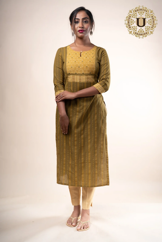 Olive green woven cotton embroidered long kurti