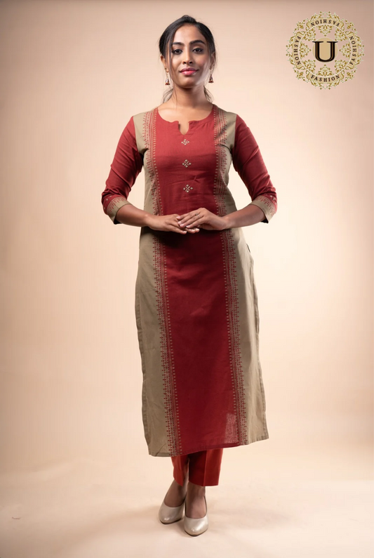 Cotton Rust Block Printed Long Kurti