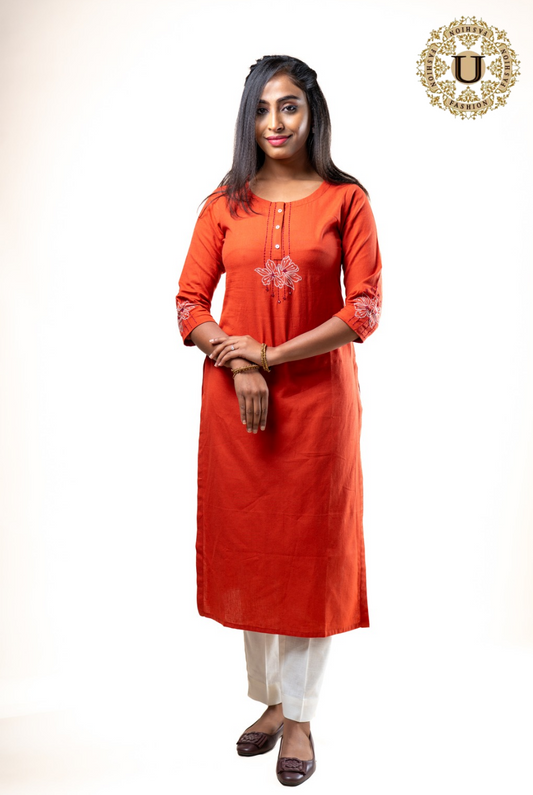 Orange Floral Motif Embroidery Long Kurti