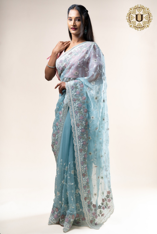 Powder Blue Organza With Floral Embroidered Saree
