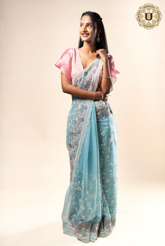 Powder Blue Organza With Floral Embroidered Saree