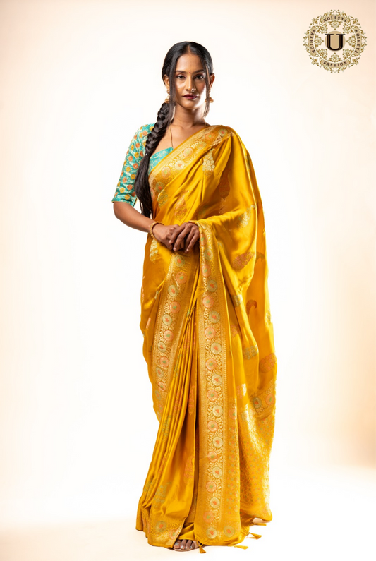 Yellow Semi Satin Silk Zari Border Saree