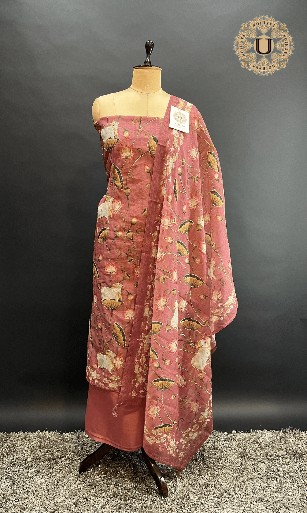 Onion Pink Pichwai Printed with Kanta Work Un Stitched Suit. U fashion