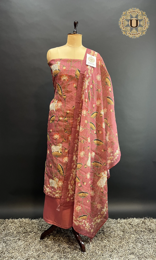 Onion Pink Pichwai Printed with Kanta Work Un Stiched Suit.