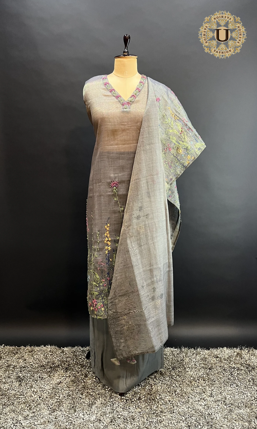 Grey Floral Thread Work Un Stitched Suit.
