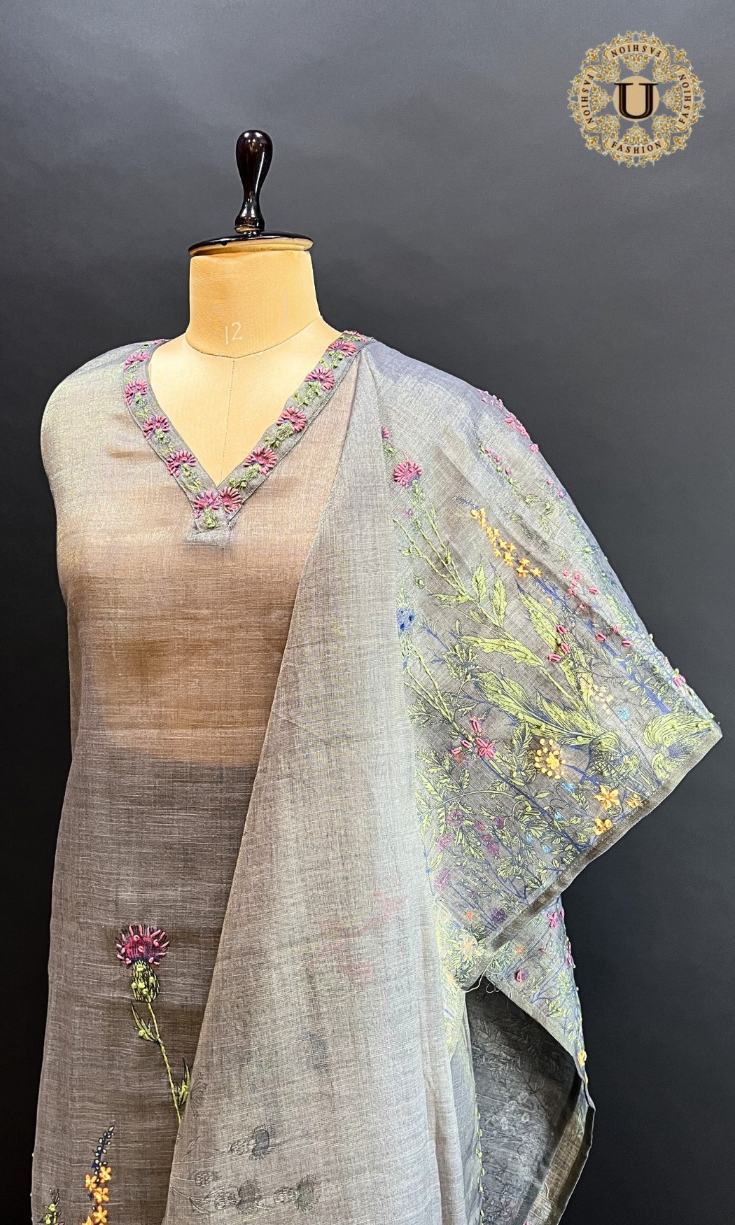 Grey Floral Thread Work Un Stitched Suit.