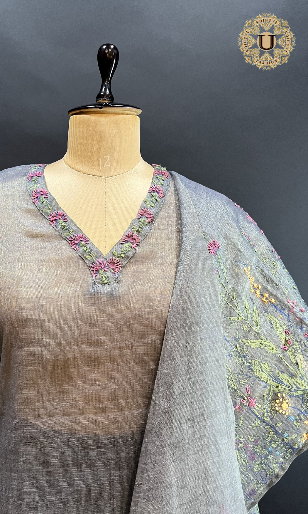 Grey Floral Thread Work Un Stitched Suit.
