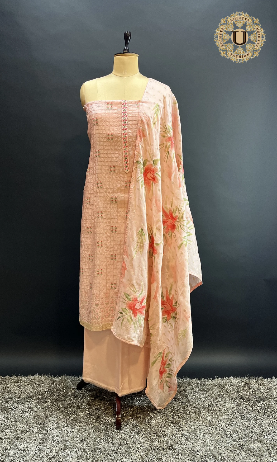 Peach Hand Embroidered and Painted Un Stiched Suit.