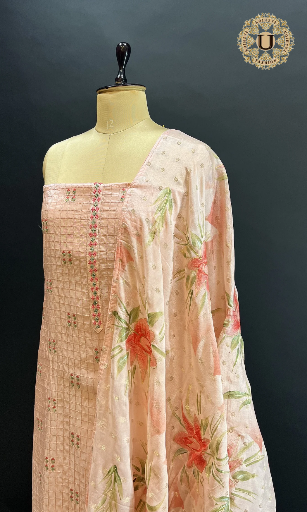 Peach Hand Embroidered and Painted Un Stiched Suit.