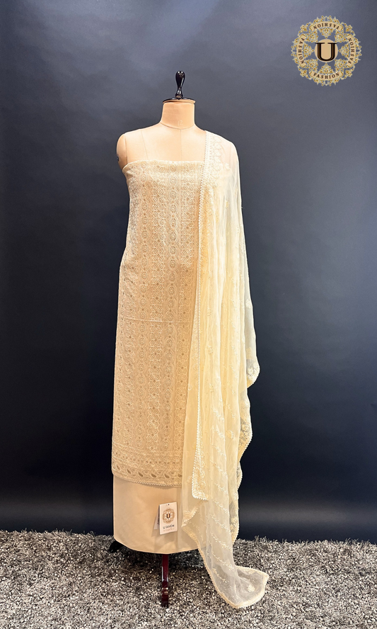 Light Yellow Self Embroidered Georgette Un Stiched Suit.