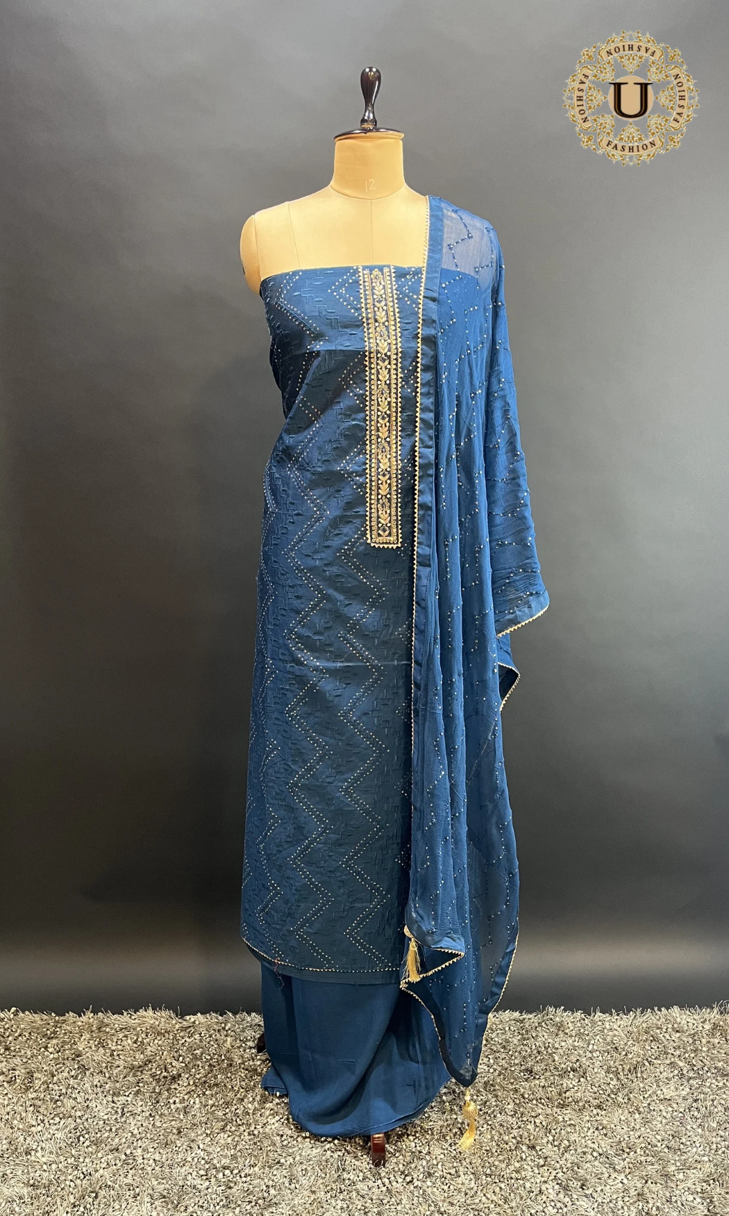 Blue Silk Cotton Bandhani with Embroidered Un Stitched Suit.