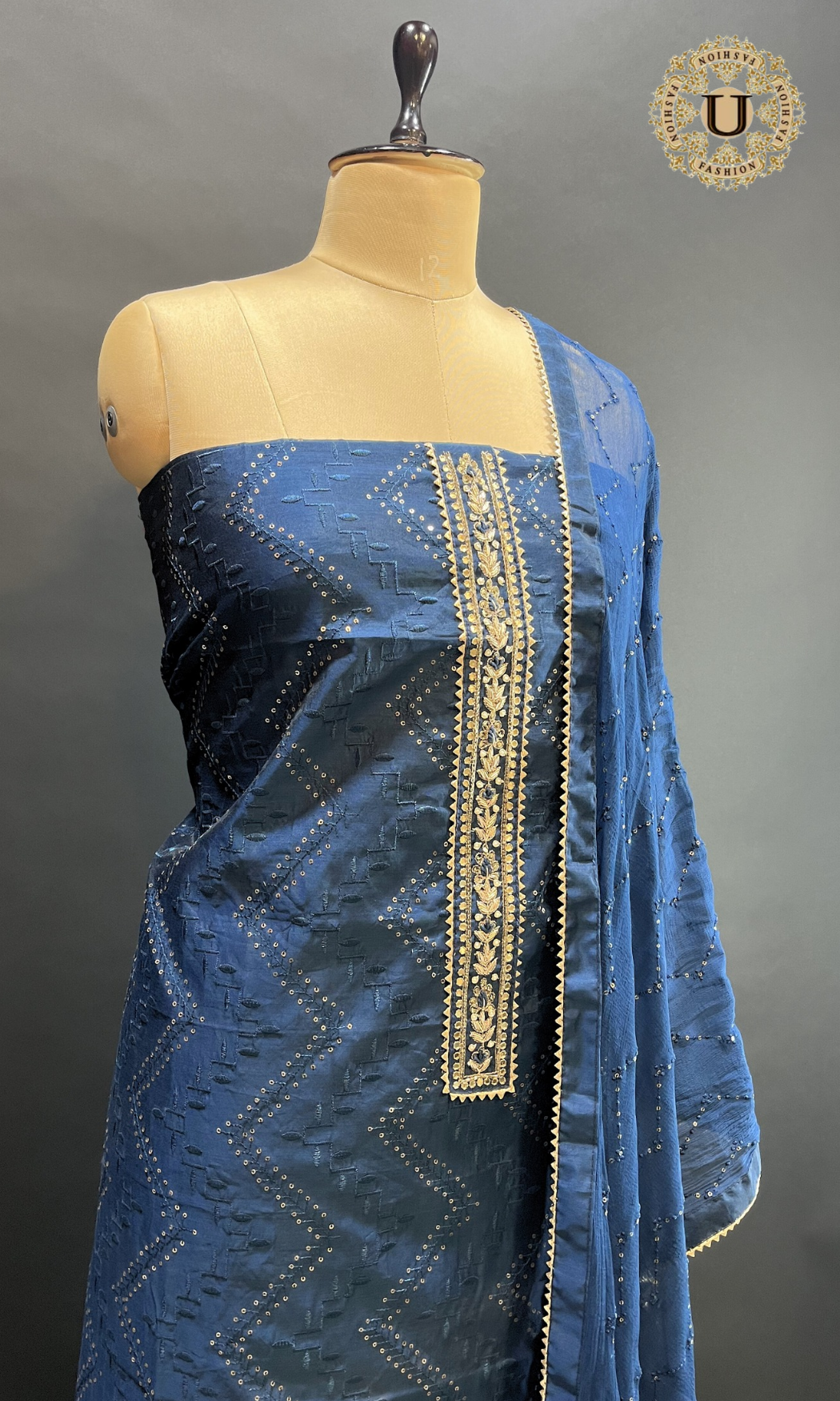 Blue Silk Cotton Bandhani with Embroidered Un Stitched Suit.