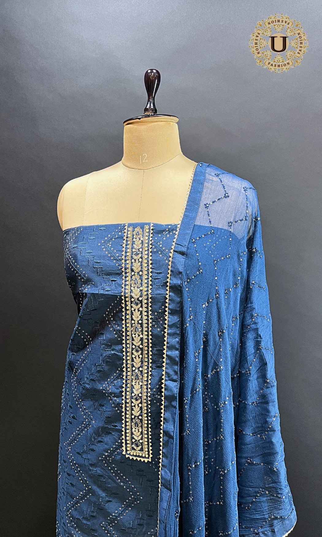 Blue Silk Cotton Bandhani with Embroidered Un Stitched Suit.