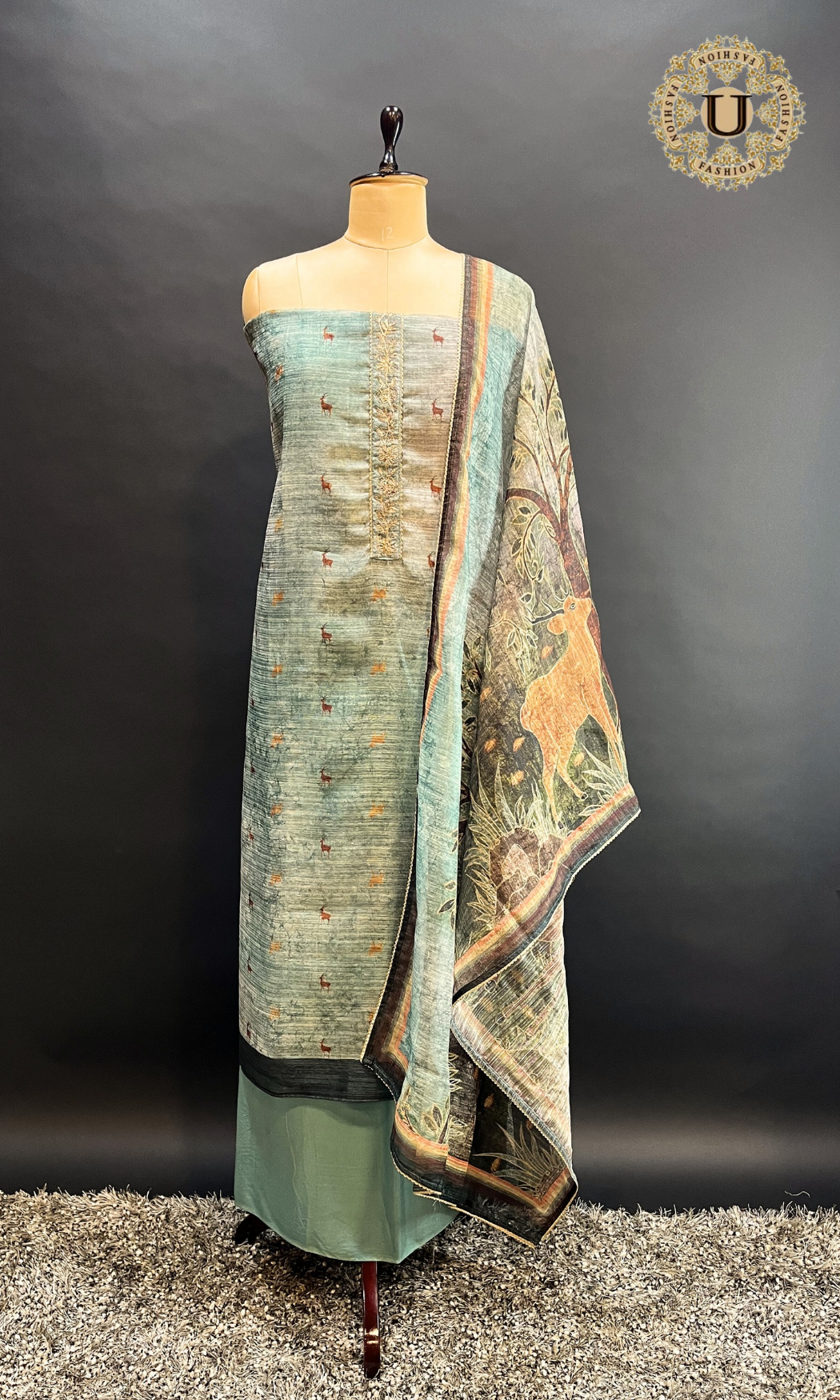 Aqua Blue Blended Figurative Digital Printed Un Stitched Suit.