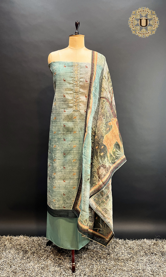Aqua Blue Blended Figurative Digital Printed Un Stiched Suit.
