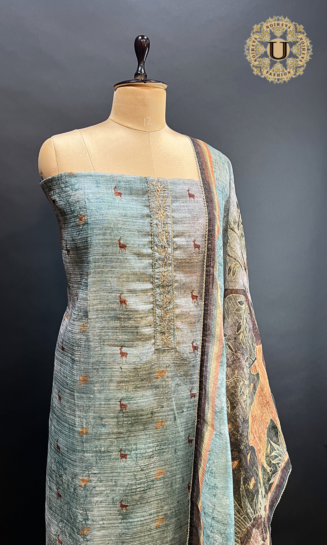Aqua Blue Blended Figurative Digital Printed Un Stitched Suit.