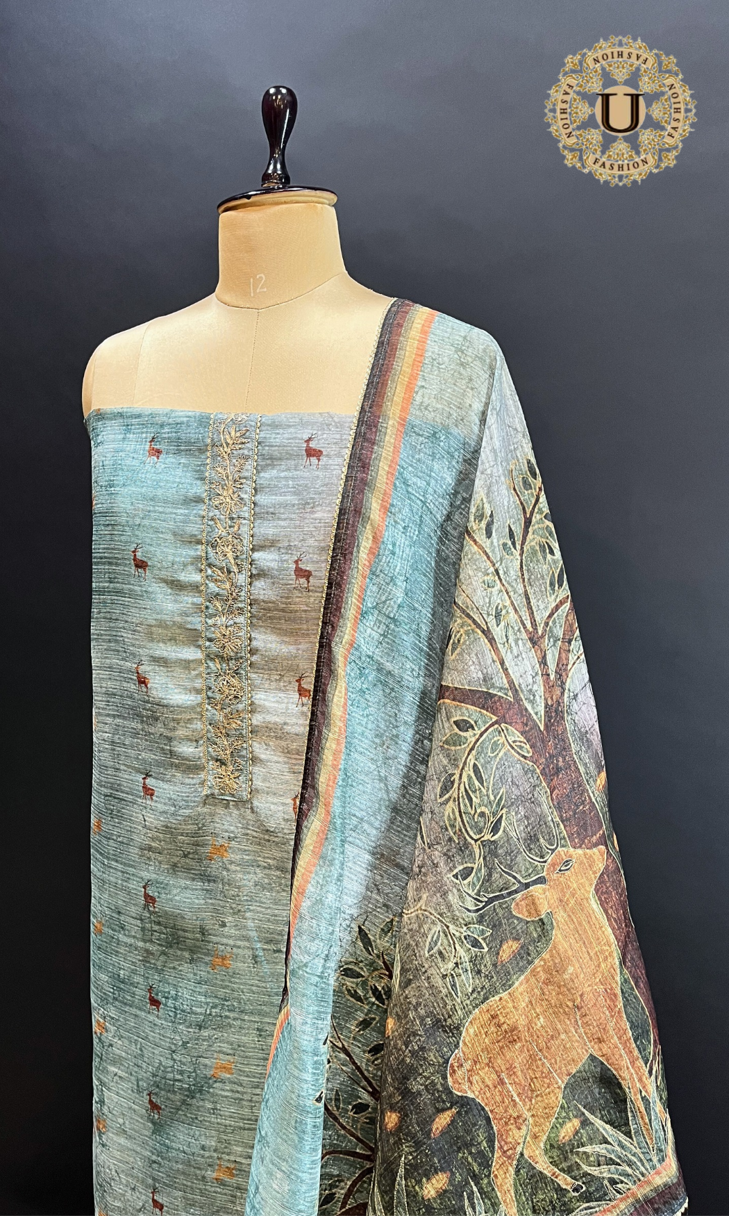 Aqua Blue Blended Figurative Digital Printed Un Stitched Suit.