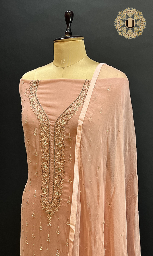 Peach Hand Embroidered crape Un Stitched Suit.