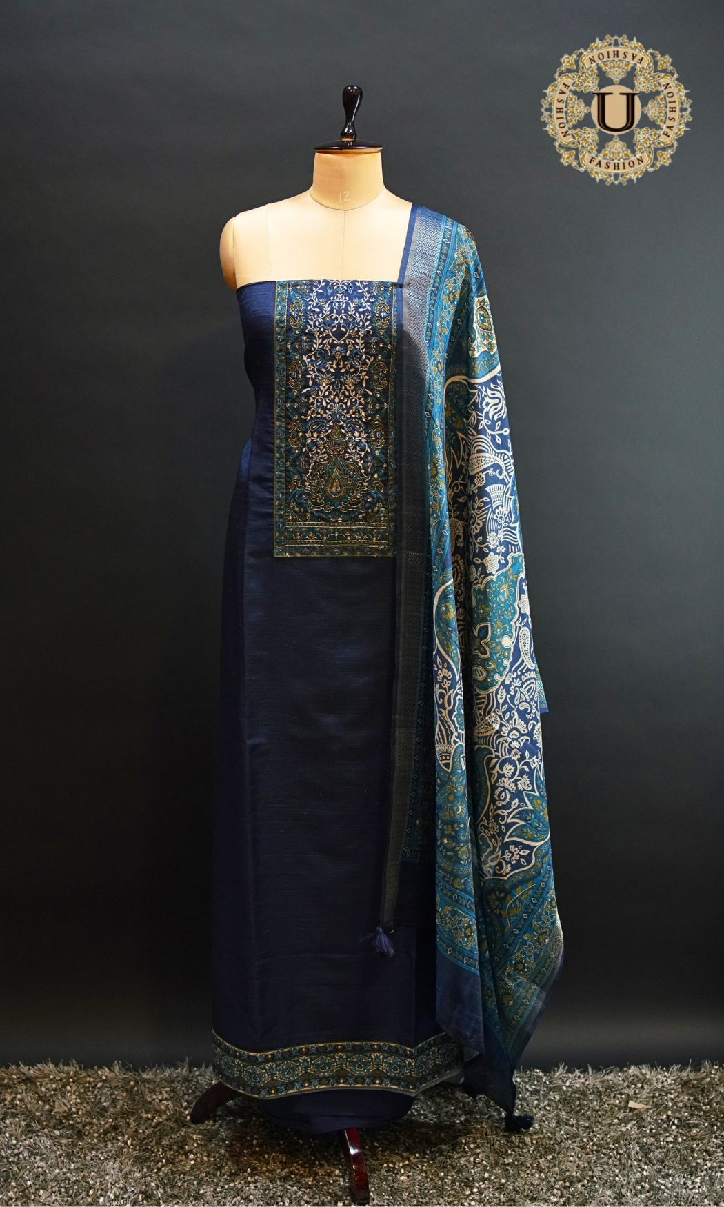 Blue Hand Embroidered Yoke with Printed Dupatta Un Stitched Suit.