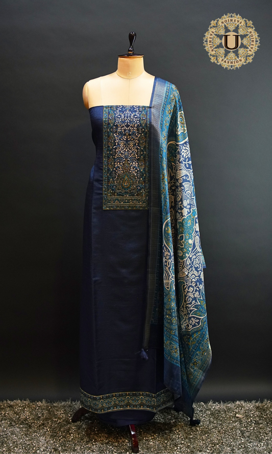 Blue Hand Embroidered Yoke with Printed Dupatta Un Stiched Suit.