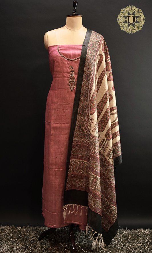Pink Tassar Silk Hand Embroidery Motif With Digital Printed Dupatta Un Stiched Suit