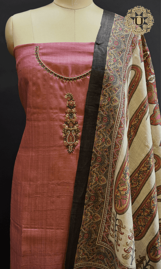 Pink Tussar Silk Hand Embroidery Motif With Digital Printed Dupatta Un Stitched Suit material U fashion