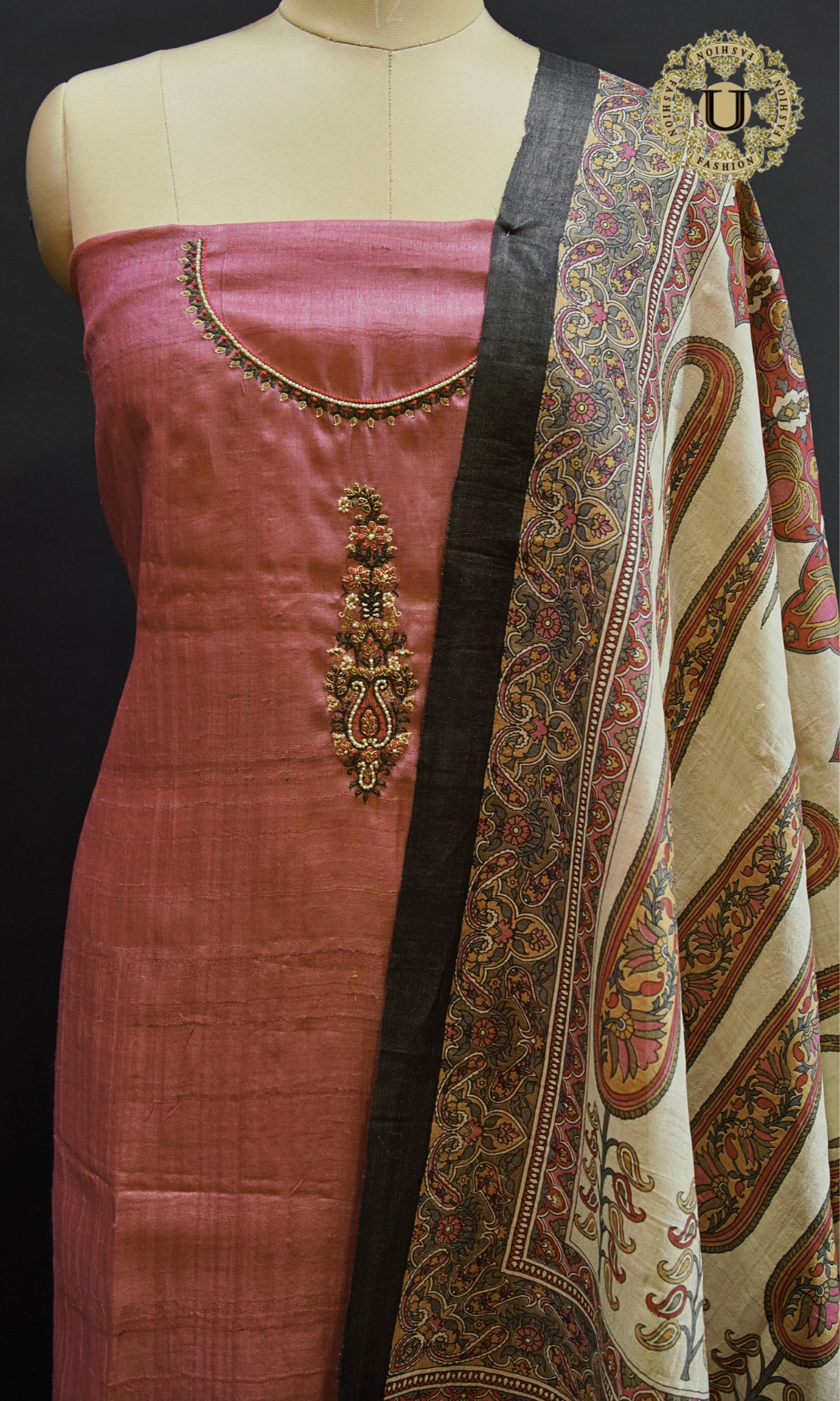 Pink Tussar Silk Hand Embroidery Motif With Digital Printed Dupatta Un Stitched Suit material