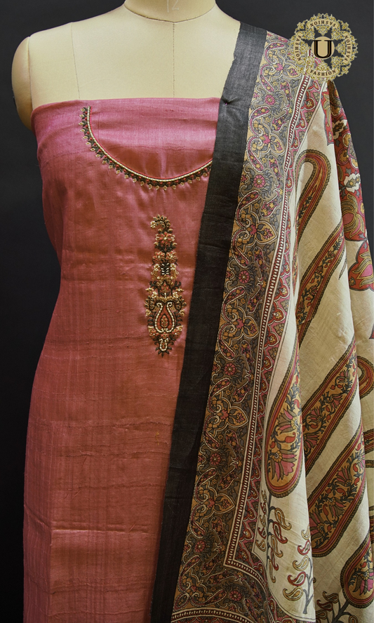 Pink Tassar Silk Hand Embroidery Motif With Digital Printed Dupatta Un Stiched Suit