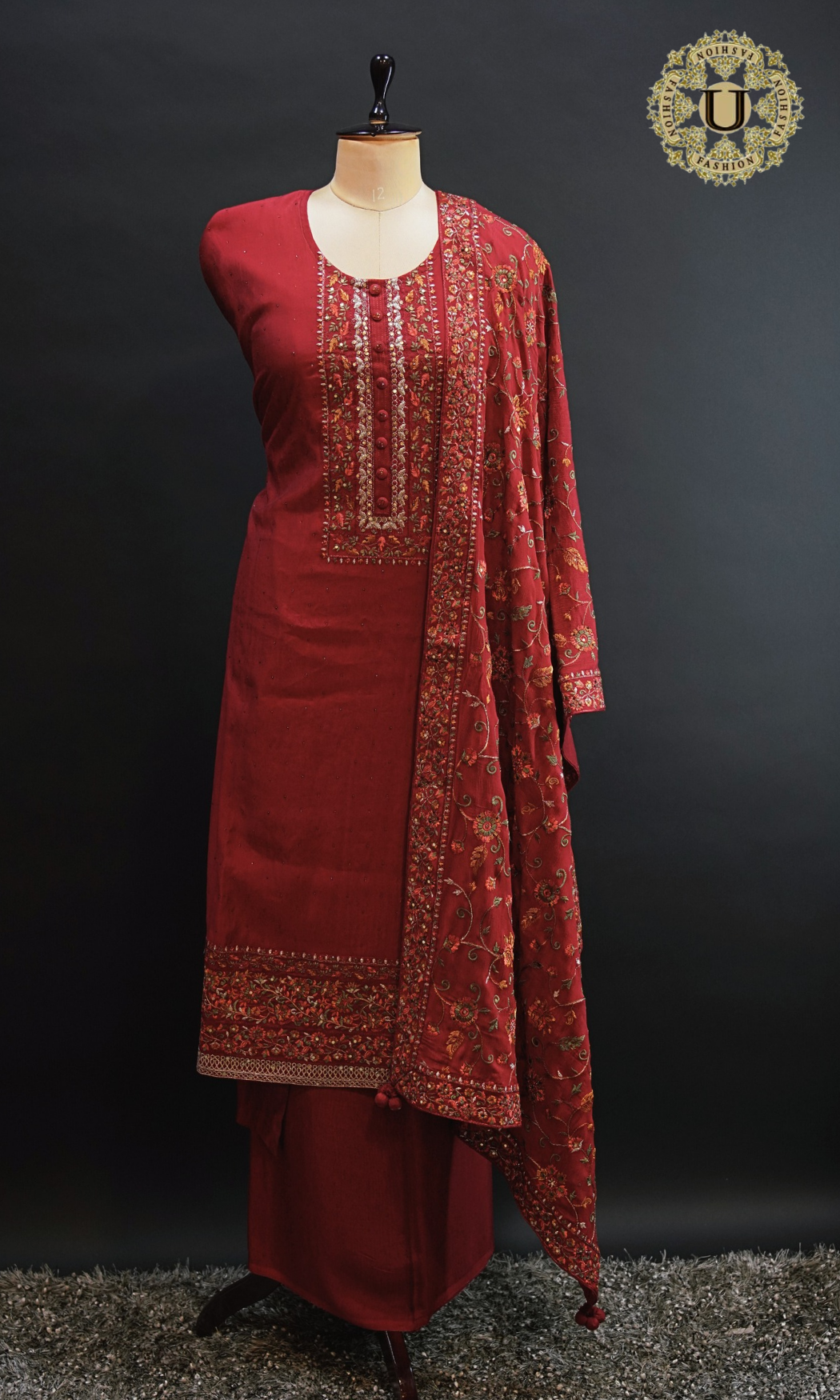 Red Blended Crape Thread and Zari Embroidered Un Stiched Suit
