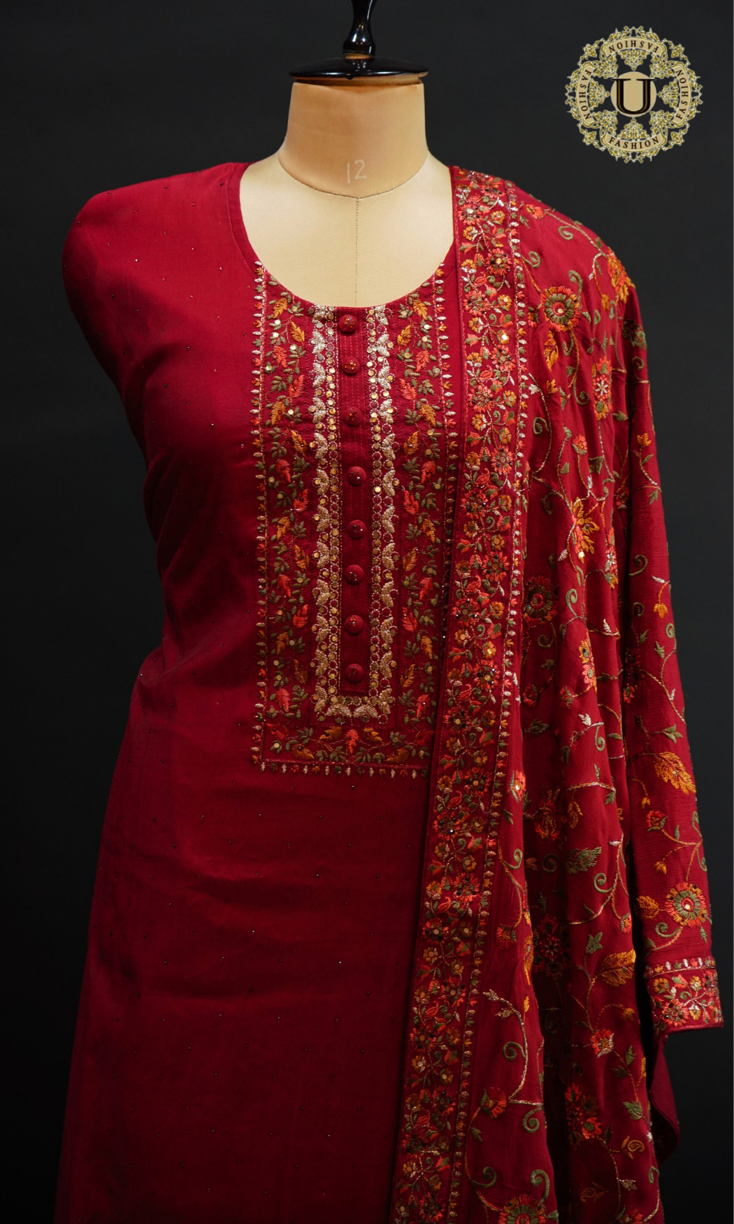 Red Blended Crape Thread and Zari Embroidered Un Stiched Suit