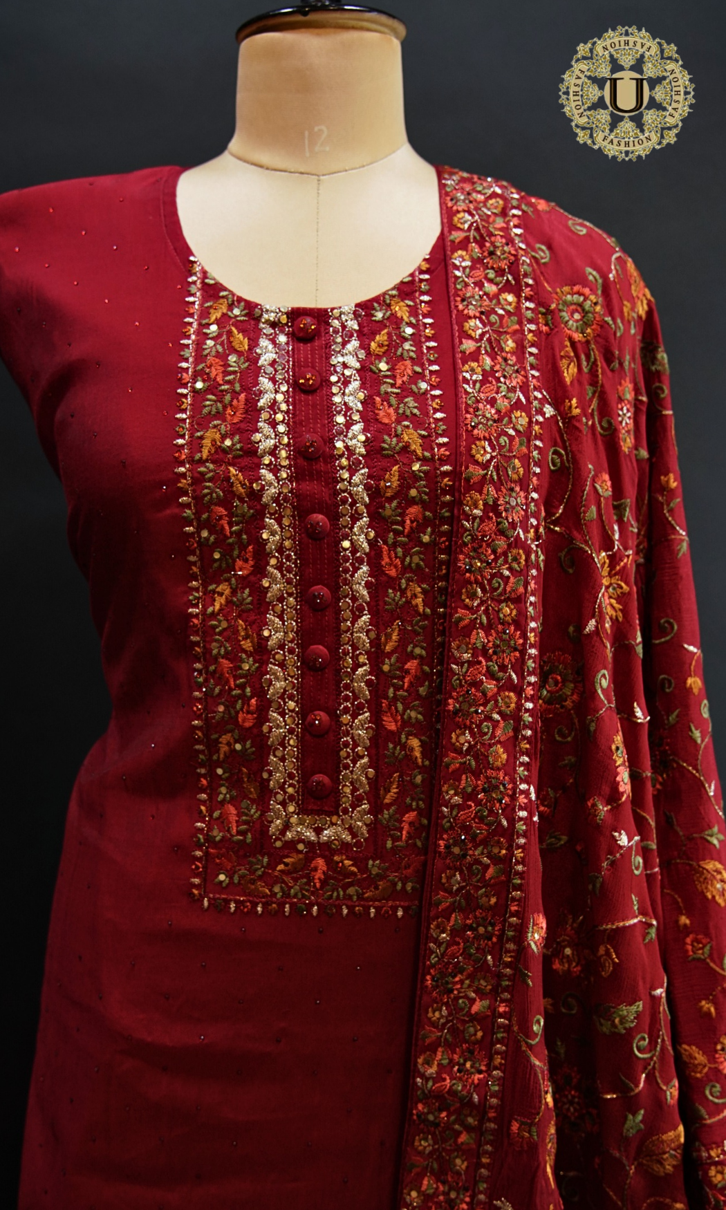 Red Blended Crape Thread and Zari Embroidered Un Stiched Suit