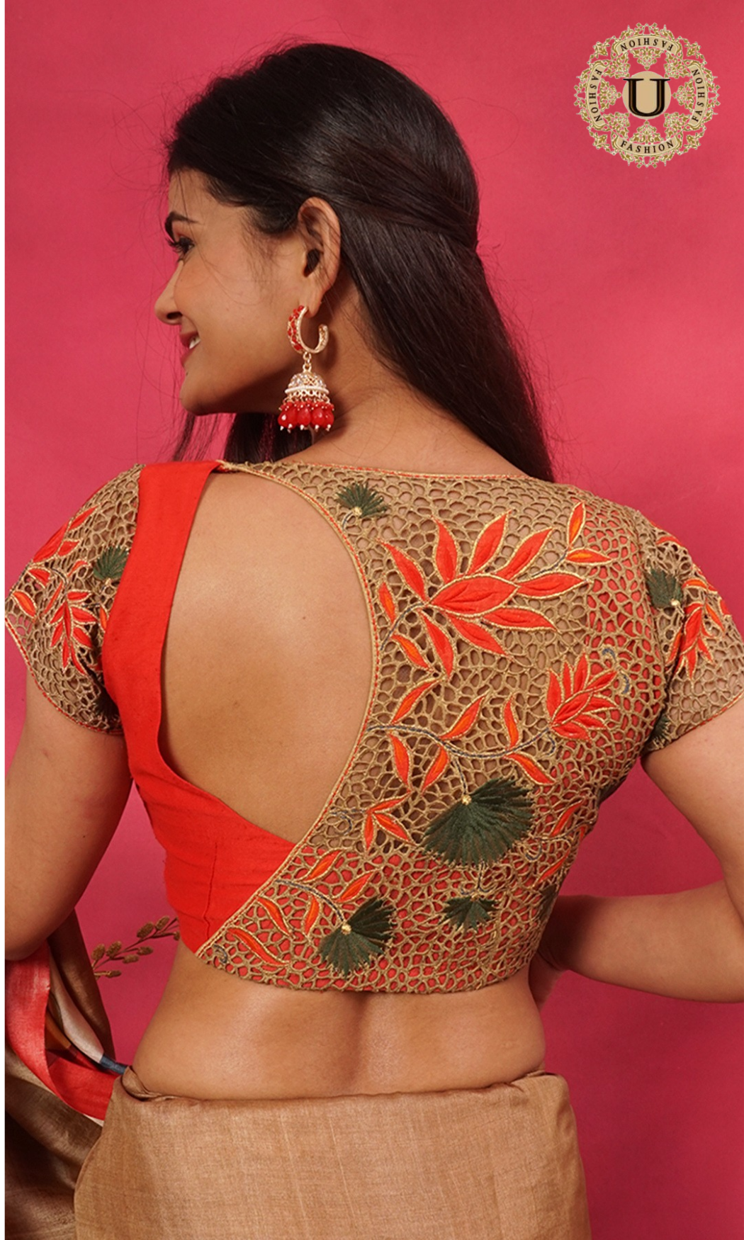 Red floral embroidery applique cutwork designer blouse