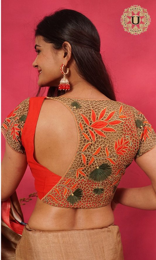 RED FLORAL EMBROIDERY APPLIQUE CUTWORK DESIGNER BLOUSE